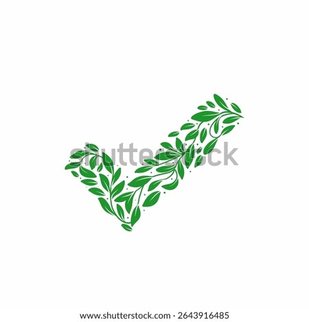 Eco friendly check mark icon made from full of green leaves in shape of tick symbol