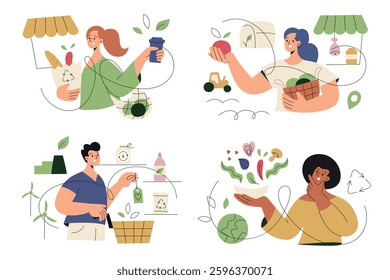 Eco friendly choices vector illustration set, people at farmers market, selecting green products in supermarket, supporting sustainable living, zero waste consious lifestyle. Flat cartoon characters