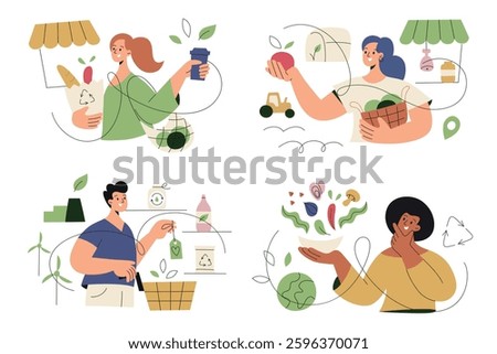 Eco friendly choices vector illustration set, people at farmers market, selecting green products in supermarket, supporting sustainable living, zero waste consious lifestyle. Flat cartoon characters