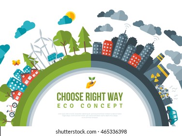 Eco Friendly, Choose RIght Way Concept Frame. Vector Flat Illustration. Solar Green Energy Town, Wind Turbine. Dirty City - Factories, Air Pollution, Landfill. Save the Planet, Earth Day.