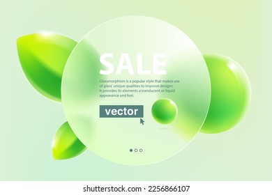 Eco friendly circle frame glassmorphism landing page. Matte glass screen with blurred floating green leaves and spheres. Vector background for nature app, agriculture identity, summer banner.