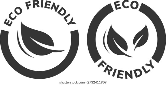 Iconos circulares respetuosos del medio ambiente con los símbolos de la hoja y el texto respetuoso del medio ambiente en diseño blanco y negro