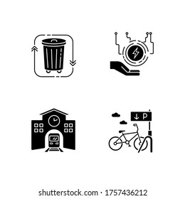 Eco friendly city black glyph icons set on white space. Electricity supply. Waste disposal. Railway station. Passenger commuter. Bicycle parking rack. Silhouette symbols. Vector isolated illustration