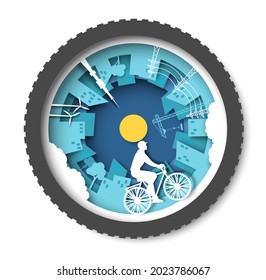 Eco friendly city with buildings, windmills and young man riding bicycle silhouettes inside of bike wheel, vector paper cut illustration. City transport, renewable energy, nature protection.