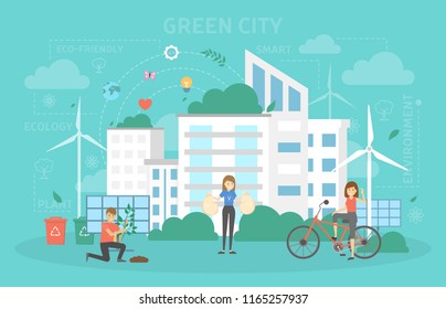 Eco friendly city with green energy concept. Ecology and nature care and protection. Modern building. Flat vector illustration