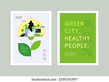 Eco friendly city and city greening. Eco awareness. Poster, flyer, cover design. Vector file.