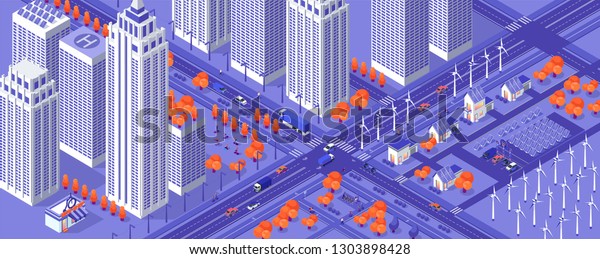 Eco friendly city.\
Isometric futuristic town.  High buildings, shops, bicyclists,\
cars,  electric car charching station, windmills and solar panels.\
People in public park. 