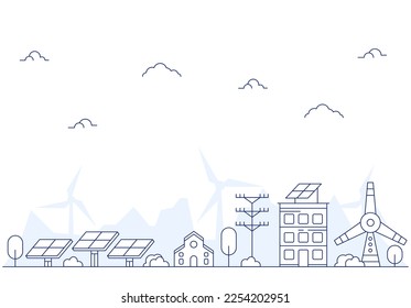 Esbozo gráfico de contorno plano ecológico de la ciudad. Edificio inmobiliario de rascacielos con panel solar y turbina eólica alternativa fuentes de energía generadora silueta de ilustración vectorial.