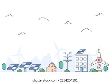 
Eco friendly city landscape flat color graphic sketch. Skyscraper real estate building with solar panel and wind turbine alternative power sources generator vector illustration. 