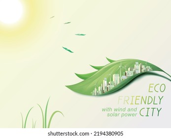 ECO Friendly City en hoja horizontal con energía eólica y solar muestra la importancia de la ilustración vectorial ecológica EPS 10