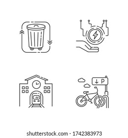 Eco friendly city pixel perfect linear icons set. Electricity supply. Waste disposal. Bicycle parking. Customizable thin line contour symbols. Isolated vector outline illustrations. Editable stroke