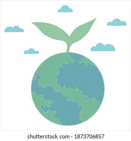 eco friendly clean planet earth with clouds, vector icon icon in flat style, green leaf, ecology, concept