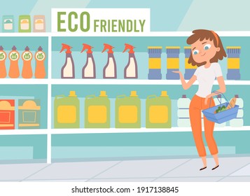 Eco Friendly Cleaners. Women Choose Cleaning Products In Supermarket. Non Chemical Organic Goods On Store Shelves Vector Concept