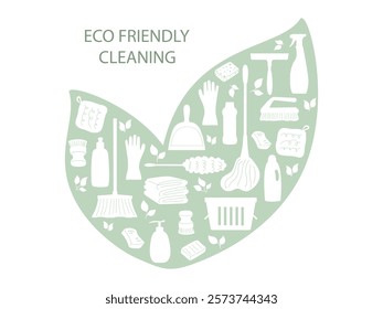 Eco friendly cleaning concept with green leaf filled with white silhouettes of cleaning tools and supplies. Minimalistic vector illustration. Perfect for sustainable lifestyle design