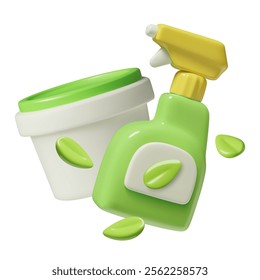 Eco friendly cleaning products 3d icon with organic household detergents bottle, natural washing powder and green leaves. 