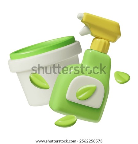 Eco friendly cleaning products 3d icon with organic household detergents bottle, natural washing powder and green leaves. 