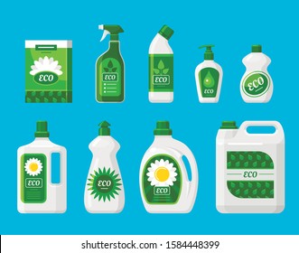 Eco friendly cleaning products vector illustrations set. Dish washing liquid bottles isolated elements. Environment friendly cleaning fluid with natural ingredients. Nontoxic detergents containers