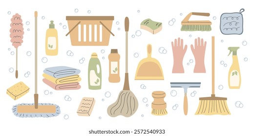 Eco friendly cleaning supplies set in flat design. Mops, broom, dusters, gloves, detergent bottle, reusable cloth, natural bristle brushes. Perfect for promoting sustainable living