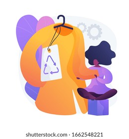 Eco friendly clothing brand. Recycling tag, plastic free apparel, ecological garment. Female fashion. Woman buying natural material clothes. Vector isolated concept metaphor illustration.