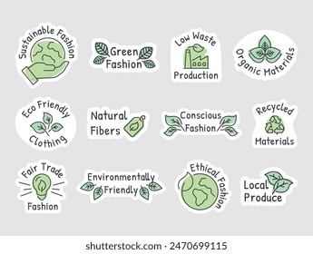 Eco friendly clothing go green fashion planet save outline sticker set design template vector flat illustration. Sustainable fiber natural fabric recycled material local produce low waste clothes pack