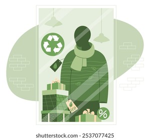 Eco friendly clothing. Showcase store with Mannequin in recycled apparel in sweater, scarf and gift boxes. Holiday shopping. Vector illustration. Concept Sustainable Fashion and green technologies