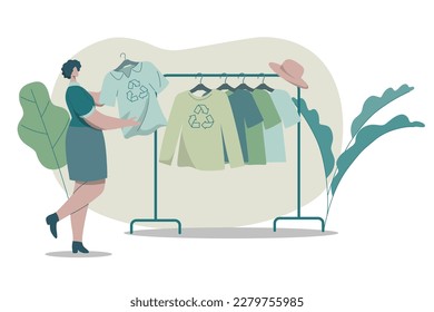 Eco friendly clothing sustainable, Woman buying recycling textile, Recycle and environmental care concept on fashion. Vector design illustration.
