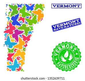 Eco friendly collage of bright mosaic map of Vermont State and corroded seals with Nature Reserve text. Mosaic map of Vermont State constructed with bright colored butterflies.