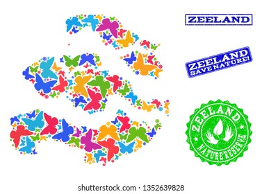 Eco friendly collage of bright mosaic map of Zeeland Province and unclean seals with Save Nature text. Mosaic map of Zeeland Province constructed with colorful butterflies.