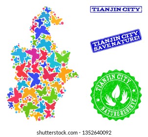 Eco friendly collage of bright mosaic map of Tianjin Municipality and textured seals with Nature Reserve caption. Mosaic map of Tianjin Municipality designed with bright colored butterflies.