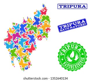 Eco friendly collage of bright mosaic map of Tripura State and rubber stamps with Save Nature text. Mosaic map of Tripura State designed with multi-colored butterflies.