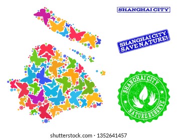 Eco friendly collage of bright mosaic map of Shanghai Municipality and textured seals with Save Nature caption. Mosaic map of Shanghai Municipality designed with bright colored butterflies.