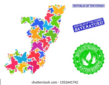 Eco friendly collage of bright mosaic map of Republic of the Congo and rubber seal stamps with Nature Reserve caption. Mosaic map of Republic of the Congo constructed with multi-colored butterflies.