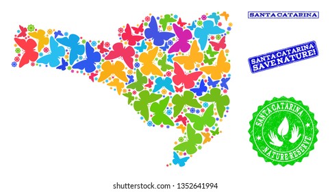 Eco friendly collage of bright mosaic map of Santa Catarina State and rubber seals with Save Nature caption. Mosaic map of Santa Catarina State constructed with multi-colored butterflies.