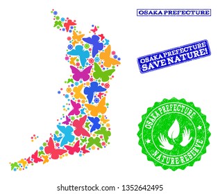 Eco friendly collage of bright mosaic map of Osaka Prefecture and corroded stamps with Save Nature text. Mosaic map of Osaka Prefecture constructed with bright colored butterflies.