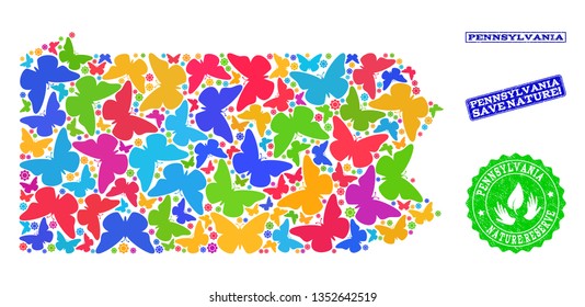 Eco friendly collage of bright mosaic map of Pennsylvania State and grunge seals with Nature Reserve caption. Mosaic map of Pennsylvania State constructed with bright colored butterflies.
