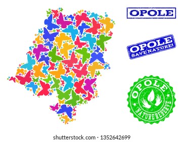 Eco friendly collage of bright mosaic map of Opole Province and dirty seal stamps with Save Nature caption. Mosaic map of Opole Province constructed with bright colored butterflies.