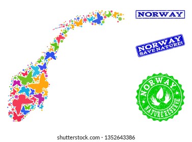 Eco friendly collage of bright mosaic map of Norway and corroded seals with Save Nature caption. Mosaic map of Norway constructed with bright colored butterflies.