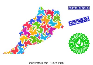 Eco friendly collage of bright mosaic map of Morocco and rubber stamps with Nature Reserve text. Mosaic map of Morocco constructed with multi-colored butterflies.