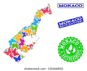 Eco friendly collage of bright mosaic map of Monaco and dirty seals with Nature Reserve caption. Mosaic map of Monaco constructed with bright colored butterflies.