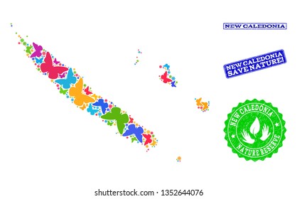 Eco friendly collage of bright mosaic map of New Caledonia and rubber seals with Save Nature caption. Mosaic map of New Caledonia constructed with multi-colored butterflies.