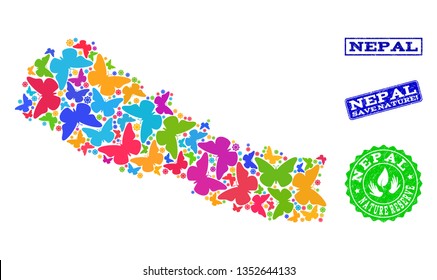 Eco friendly collage of bright mosaic map of Nepal and scratched seals with Save Nature caption. Mosaic map of Nepal designed with bright colored butterflies.