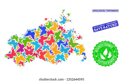 Eco friendly collage of bright mosaic map of Mecklenburg-Vorpommern State and scratched seal stamps with Save Nature text.