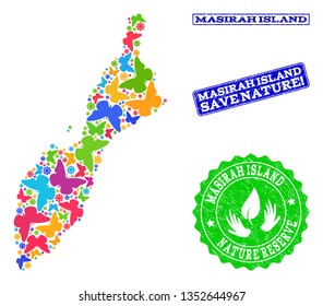 Eco friendly collage of bright mosaic map of Masirah Island and unclean seals with Nature Reserve text. Mosaic map of Masirah Island designed with bright colored butterflies.