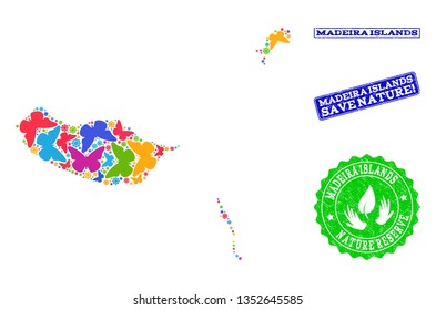 Eco friendly collage of bright mosaic map of Madeira Islands and unclean seals with Nature Reserve text. Mosaic map of Madeira Islands constructed with bright colored butterflies.