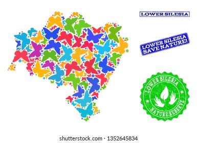 Eco friendly collage of bright mosaic map of Lower Silesia Province and rubber seals with Nature Reserve caption. Mosaic map of Lower Silesia Province designed with bright colored butterflies.