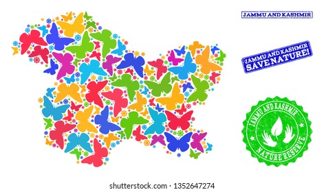 Eco friendly collage of bright mosaic map of Jammu and Kashmir State and scratched stamps with Save Nature text. Mosaic map of Jammu and Kashmir State designed with multi-colored butterflies.