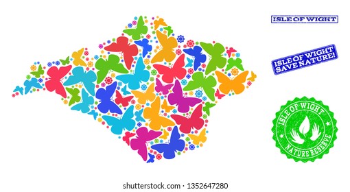 Eco friendly collage of bright mosaic map of Isle of Wight and rubber seal stamps with Nature Reserve caption. Mosaic map of Isle of Wight designed with bright colored butterflies.
