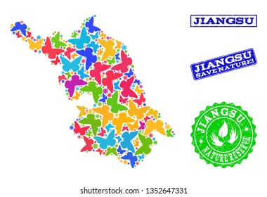 Eco friendly collage of bright mosaic Map of Jiangsu Province and rubber seals with Nature Reserve caption. Mosaic Map of Jiangsu Province designed with bright colored butterflies.