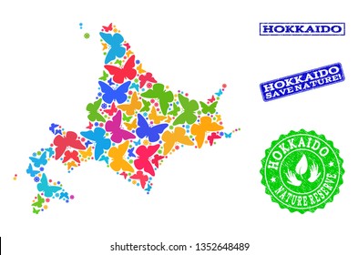 Eco friendly collage of bright mosaic map of Hokkaido Island and corroded seals with Nature Reserve text. Mosaic map of Hokkaido Island constructed with colorful butterflies.