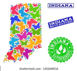 Eco friendly collage of bright mosaic map of Indiana State and scratched seal stamps with Nature Reserve text. Mosaic map of Indiana State designed with bright colored butterflies.